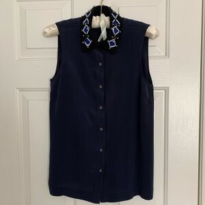 Club Monaco Silk Shirt with Embroidered Collar Navy/Black XS